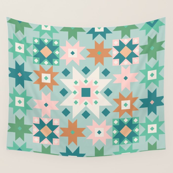 Geometric Quilt - Blue Green Wall Tapestry Gallery Image 4