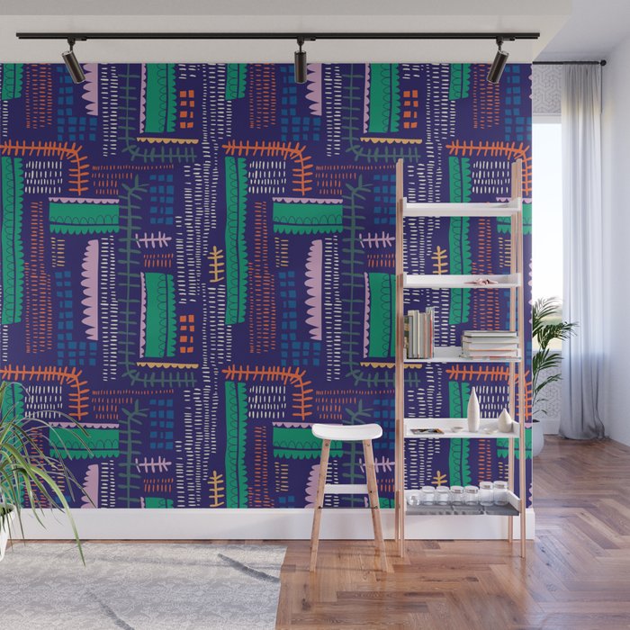 Block print geometrics blue Wall Mural Gallery Image 1