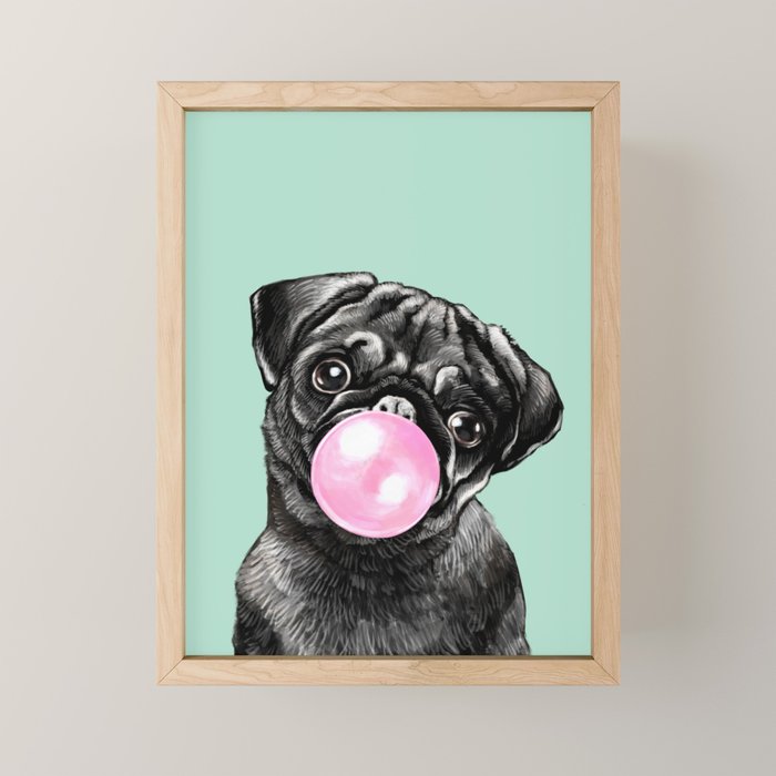 Bubble Gum Black Pug in Green Mini Art Print Gallery Image 1