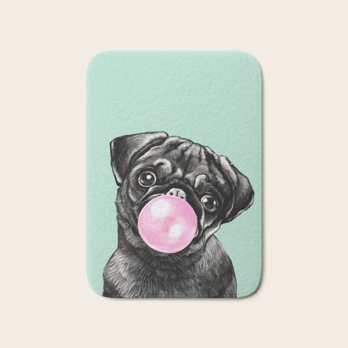 Bubble Gum Black Pug in Green Bath Mat Gallery Image 1