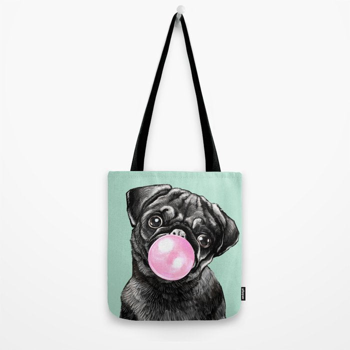 Bubble Gum Black Pug in Green Tote Bag Gallery Image 2