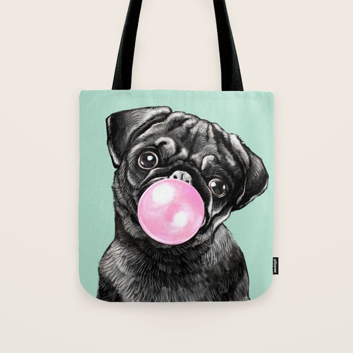 Bubble Gum Black Pug in Green Tote Bag Gallery Image 1
