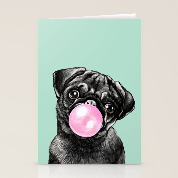Bubble Gum Black Pug in Green Stationery Card Gallery Image 2