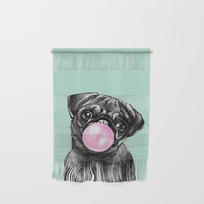 Bubble Gum Black Pug in Green Wall Hanging Gallery Image 1