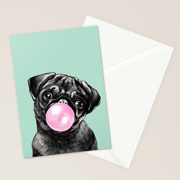 Bubble Gum Black Pug in Green Stationery Card Gallery Image 2