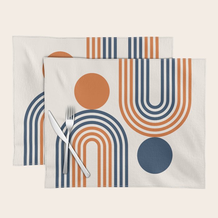 Mid Century Modern Geometric 450 in Navy Blue and Orange (Rainbow and Sun Abstraction) Placemat Gallery Image 1