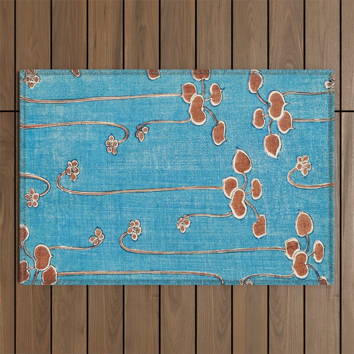 Vines from Bijutsu Sekai Vintage Illustration by Watanabe Seitei 1893-1896 Peaceful Blue Watercolor Outdoor Rug Gallery Image 1