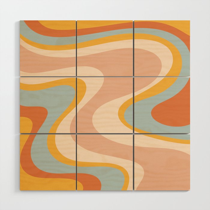 Retro Dream Abstract Swirl Pattern Pastel Apricot Buff Ice Blue Mustard Wood Wall Art Gallery Image 1