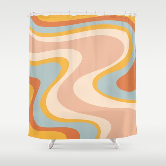 Retro Dream Abstract Swirl Pattern Pastel Apricot Buff Ice Blue Mustard Shower Curtain Gallery Image 1