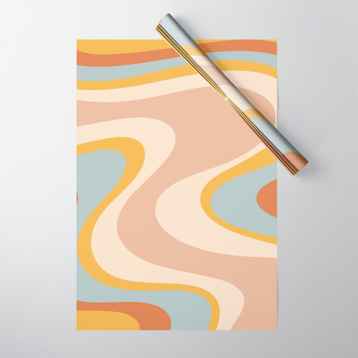 Retro Dream Abstract Swirl Pattern Pastel Apricot Buff Ice Blue Mustard Wrapping Paper Gallery Image 1