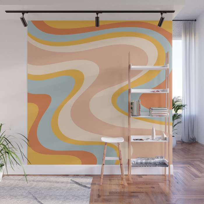 Retro Dream Abstract Swirl Pattern Pastel Apricot Buff Ice Blue Mustard Wall Mural Gallery Image 1