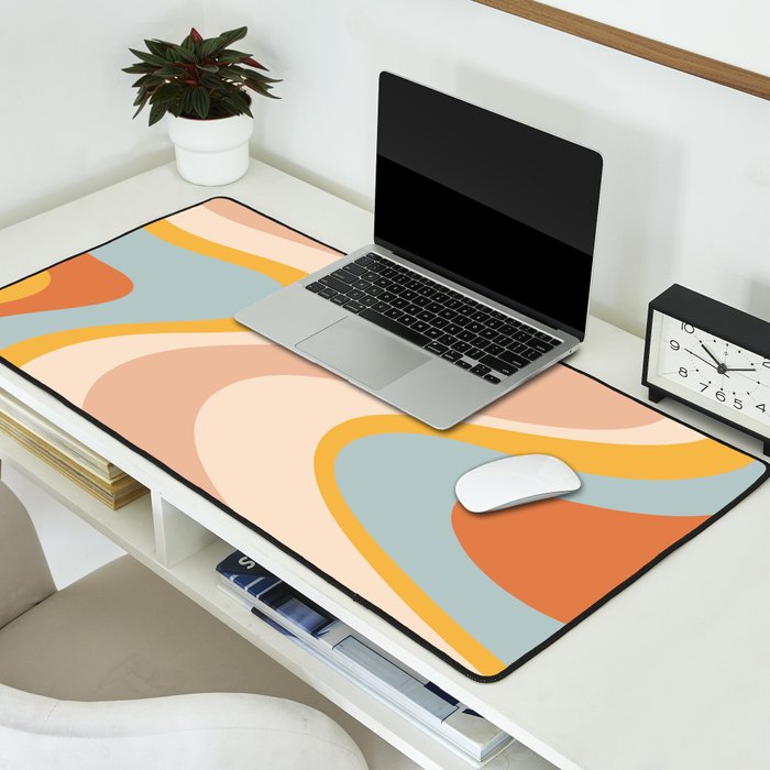 Retro Dream Abstract Swirl Pattern Pastel Apricot Buff Ice Blue Mustard Desk Mat Gallery Image 2