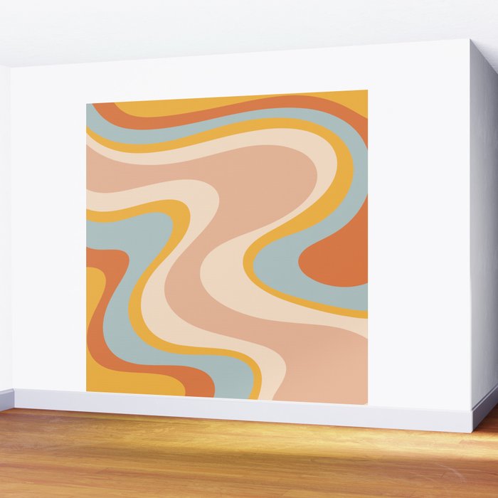 Retro Dream Abstract Swirl Pattern Pastel Apricot Buff Ice Blue Mustard Wall Mural Gallery Image 2