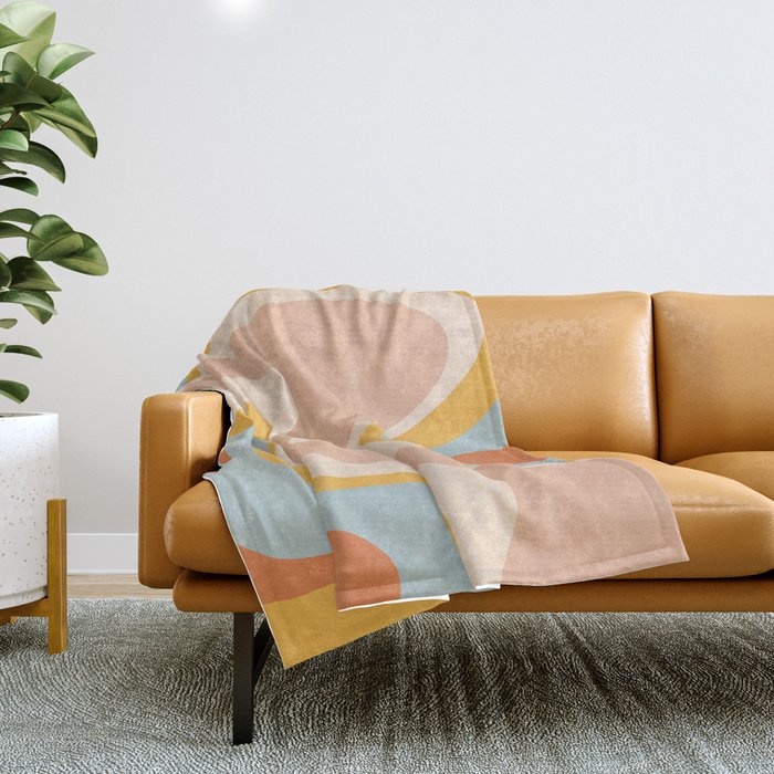 Retro Dream Abstract Swirl Pattern Pastel Apricot Buff Ice Blue Mustard Throw Blanket Gallery Image 1