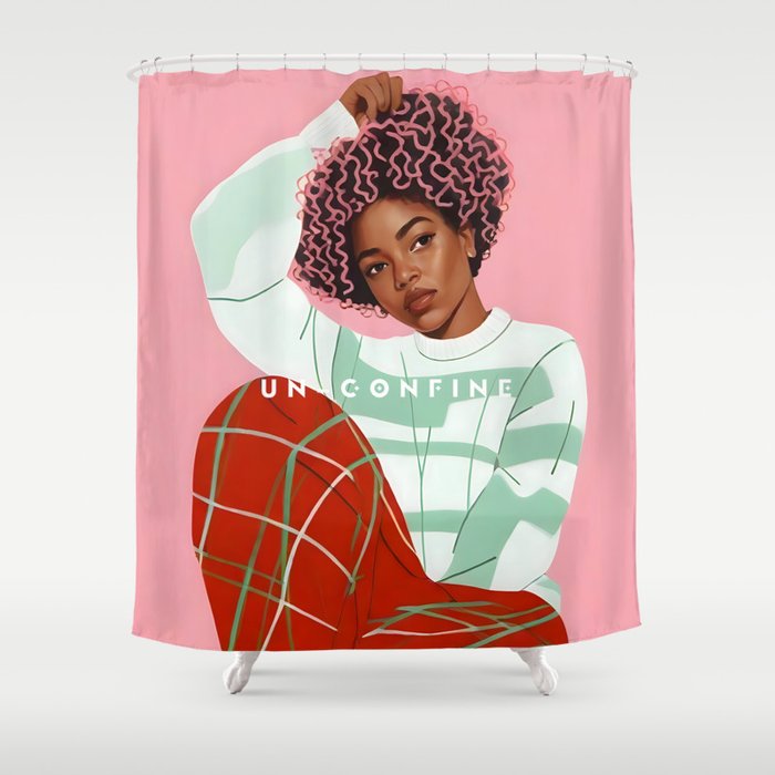 Un-Confine, Free Spirit Colorful People, Plaid Check Pattern Black Woman Afro, Tartar Fashion Eclectic Bohemian, Hep Chic Illustration Painting Shower Curtain Gallery Image 1