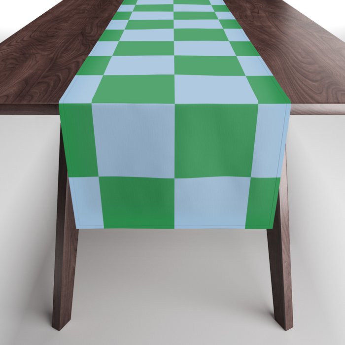 Checkered Checkerboard Check Pattern in Green and Light Blue Table Runner Gallery Image 1