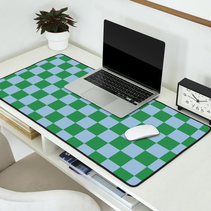 Checkered Checkerboard Check Pattern in Green and Light Blue Desk Mat Gallery Image 2