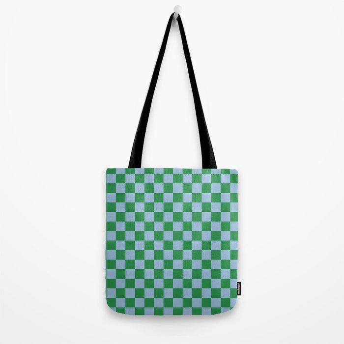 Checkered Checkerboard Check Pattern in Green and Light Blue Tote Bag Gallery Image 2