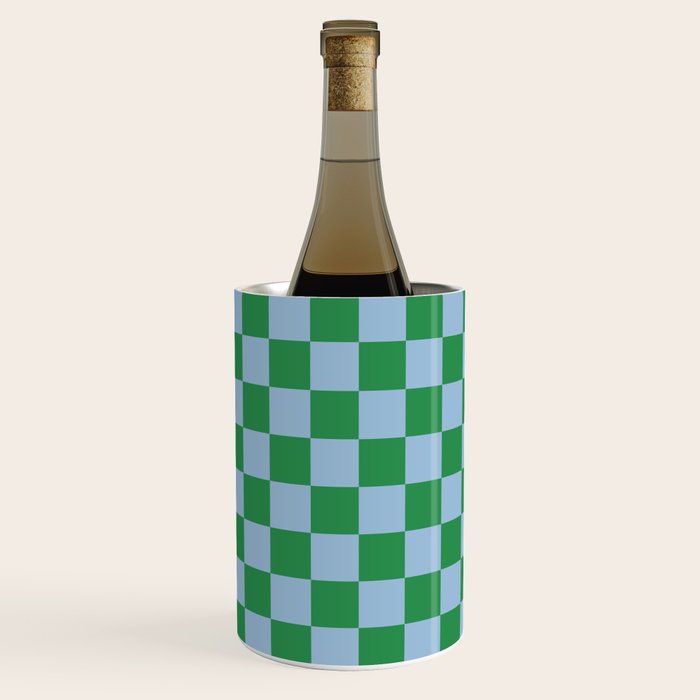 Checkered Checkerboard Check Pattern in Green and Light Blue Wine Chiller Gallery Image 2
