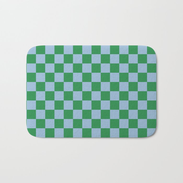 Checkered Checkerboard Check Pattern in Green and Light Blue Bath Mat Gallery Image 1