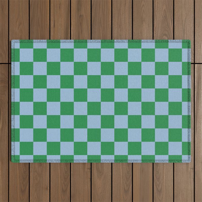 Checkered Checkerboard Check Pattern in Green and Light Blue Outdoor Rug Gallery Image 1