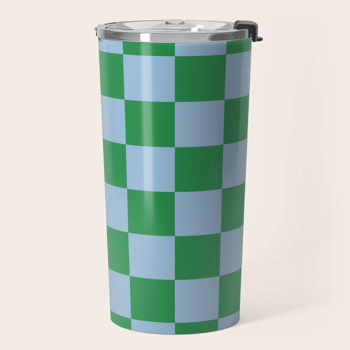 Checkered Checkerboard Check Pattern in Green and Light Blue Travel Mug Gallery Image 2