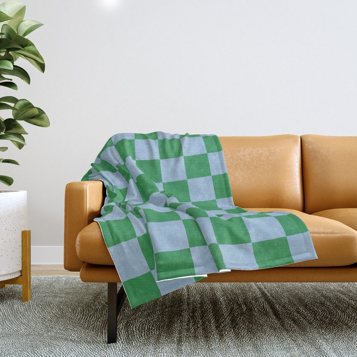 Checkered Checkerboard Check Pattern in Green and Light Blue Throw Blanket Gallery Image 1