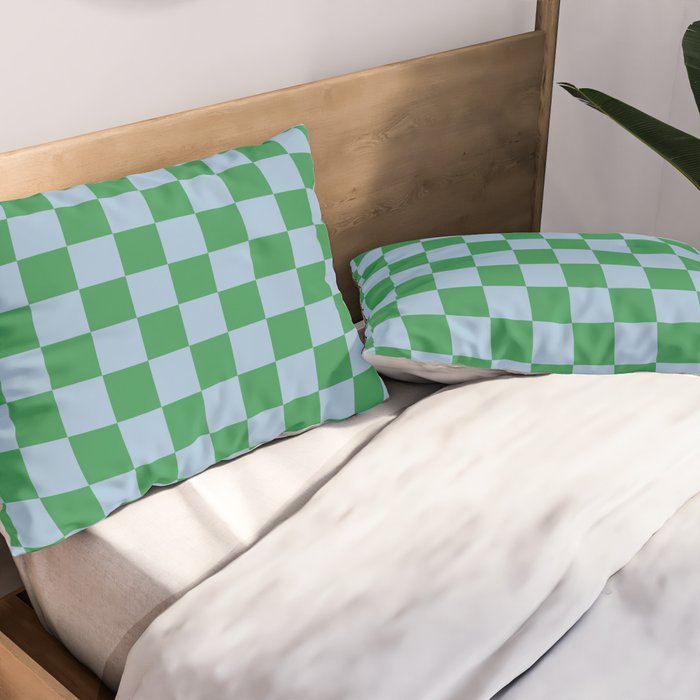 Checkered Checkerboard Check Pattern in Green and Light Blue Pillow Sham Gallery Image 2