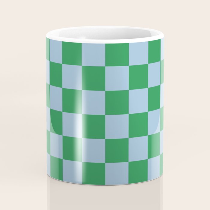 Checkered Checkerboard Check Pattern in Green and Light Blue Coffee Mug Gallery Image 4