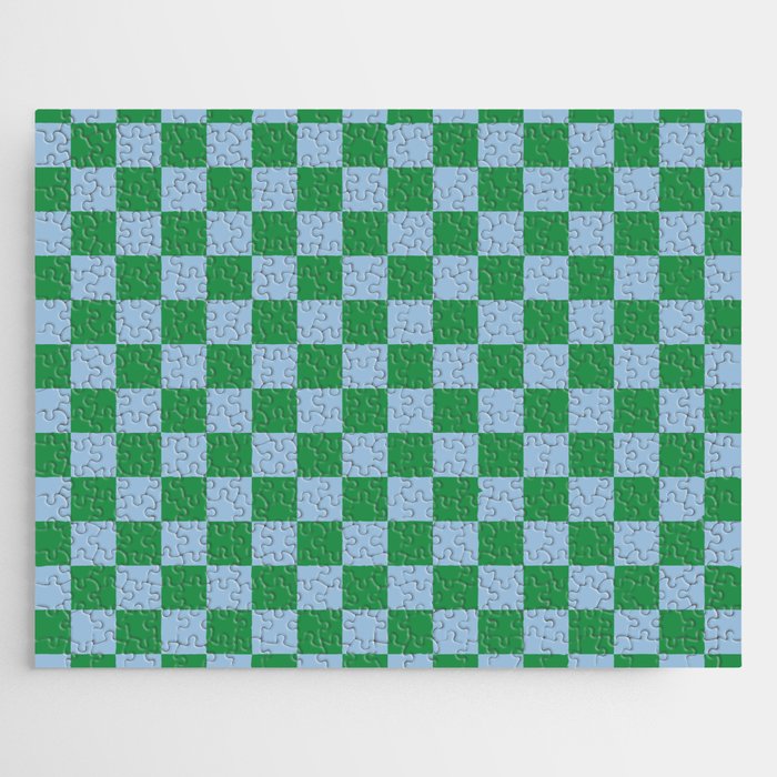 Checkered Checkerboard Check Pattern in Green and Light Blue Jigsaw Puzzle Gallery Image 1