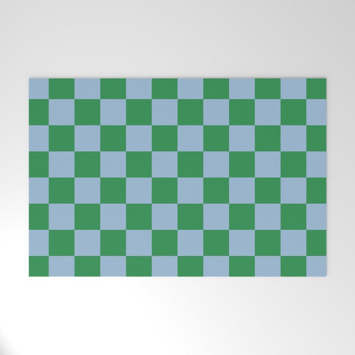 Checkered Checkerboard Check Pattern in Green and Light Blue Welcome Mat Gallery Image 1