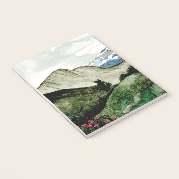 Field of flowers and mountains dreamy watercolor, landscape painting Notebook Gallery Image 3