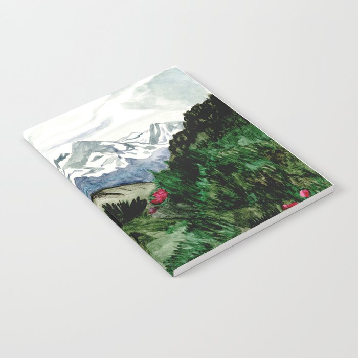 Field of flowers and mountains dreamy watercolor, landscape painting Notebook Gallery Image 2