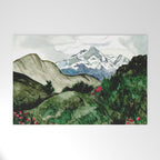 Field of flowers and mountains dreamy watercolor, landscape painting Welcome Mat Gallery Image 1
