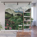Field of flowers and mountains dreamy watercolor, landscape painting Wall Mural Gallery Image 1