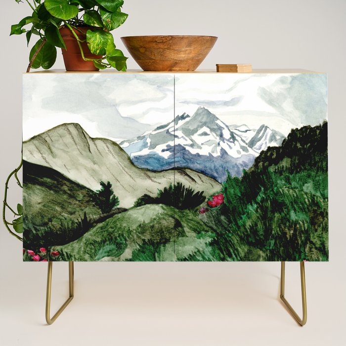 Field of flowers and mountains dreamy watercolor, landscape painting Credenza Gallery Image 1