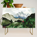 Field of flowers and mountains dreamy watercolor, landscape painting Credenza Gallery Image 1