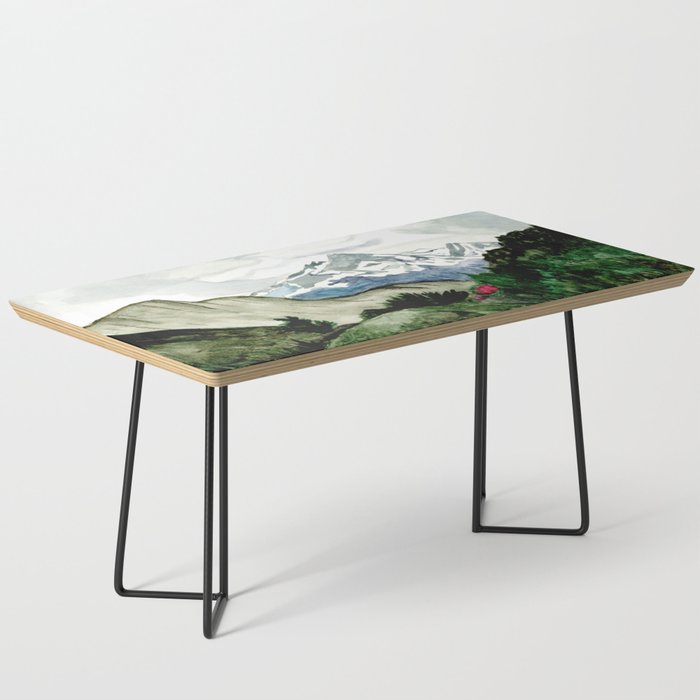 Field of flowers and mountains dreamy watercolor, landscape painting Coffee Table Gallery Image 1