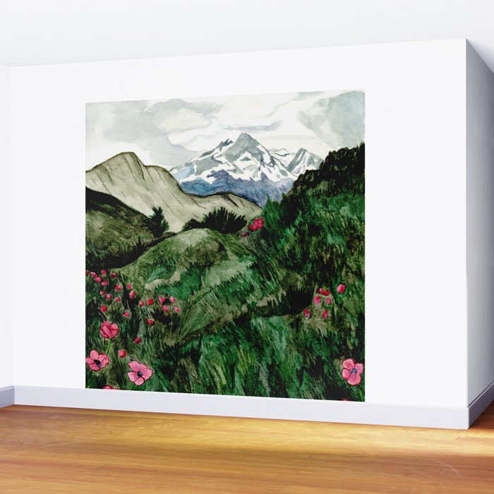 Field of flowers and mountains dreamy watercolor, landscape painting Wall Mural Gallery Image 2