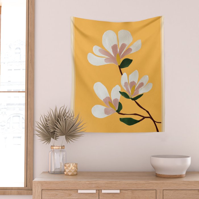 Golden Magnolia Blooms Wall Tapestry Gallery Image 2