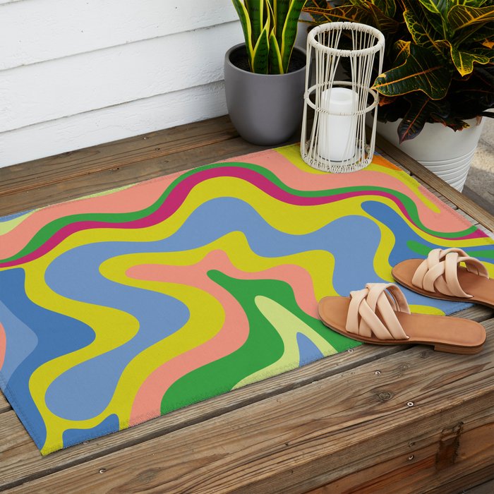Retro Liquid Swirl Bright Pop Colorful Abstract Pattern in Spring Blue Green Lime Pink Orange Outdoor Rug Gallery Image 2