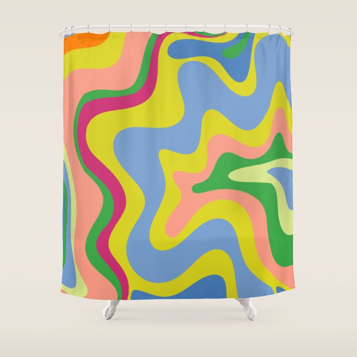 Retro Liquid Swirl Bright Pop Colorful Abstract Pattern in Spring Blue Green Lime Pink Orange Shower Curtain Gallery Image 1