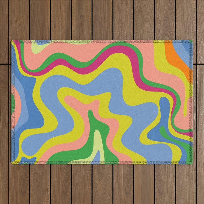 Retro Liquid Swirl Bright Pop Colorful Abstract Pattern in Spring Blue Green Lime Pink Orange Outdoor Rug Gallery Image 1