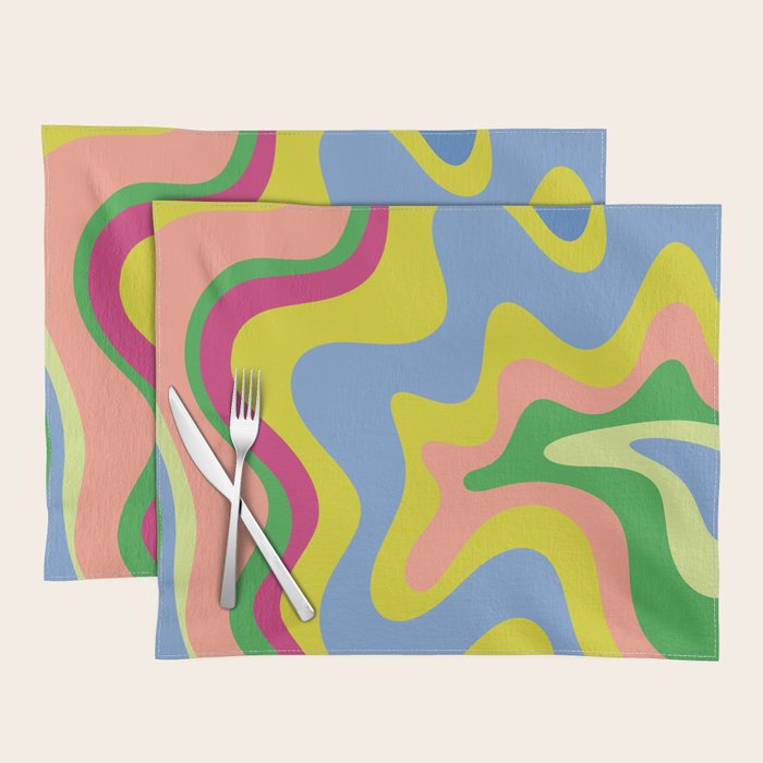 Retro Liquid Swirl Bright Pop Colorful Abstract Pattern in Spring Blue Green Lime Pink Orange Placemat Gallery Image 1