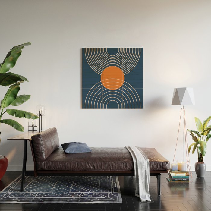 Geometric Lines in Orange and Navy Blue 2 (Sun and Rainbow Abstract) Wood Wall Art Gallery Image 2
