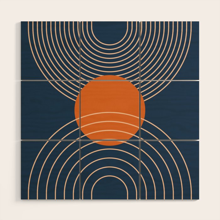 Geometric Lines in Orange and Navy Blue 2 (Sun and Rainbow Abstract) Wood Wall Art Gallery Image 1