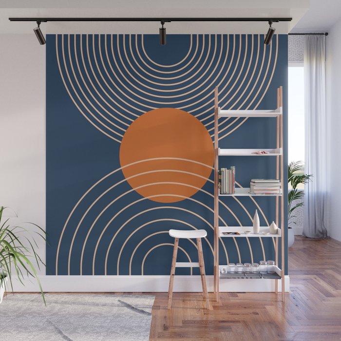 Geometric Lines in Orange and Navy Blue 2 (Sun and Rainbow Abstract) Wall Mural Gallery Image 1