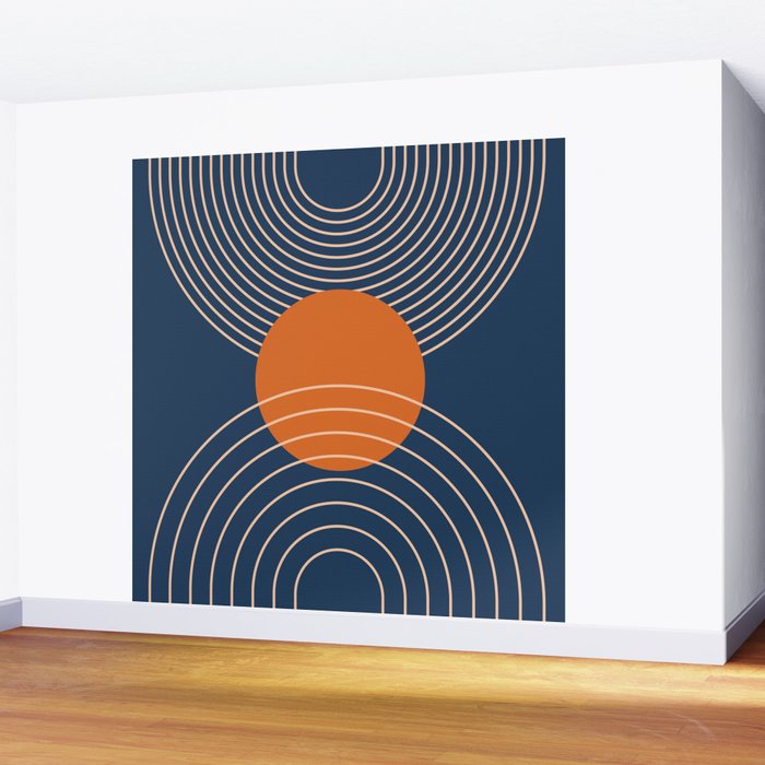 Geometric Lines in Orange and Navy Blue 2 (Sun and Rainbow Abstract) Wall Mural Gallery Image 2