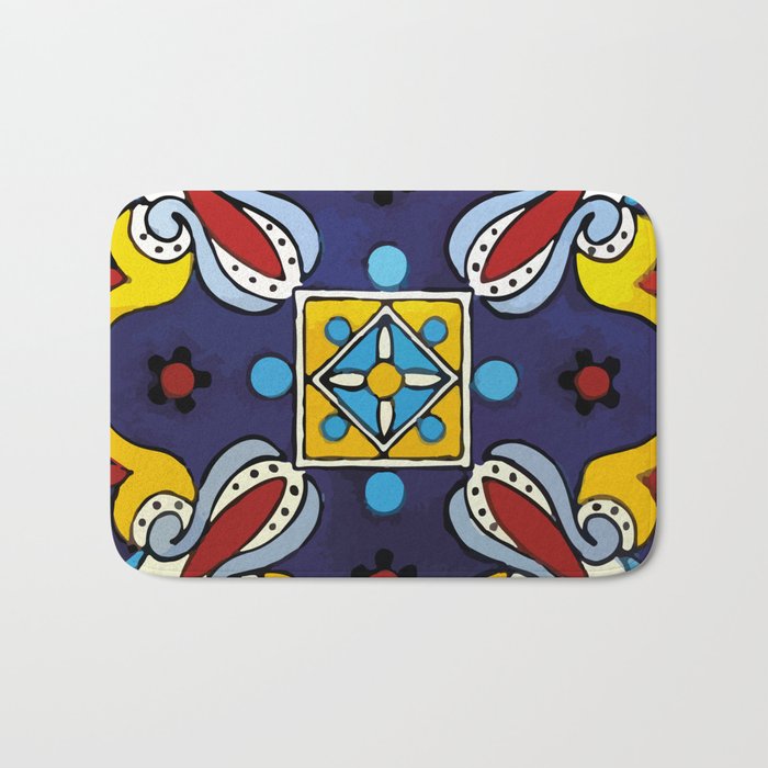 Abstract blue cruz mexican modern talavera tile wall Bath Mat Gallery Image 1
