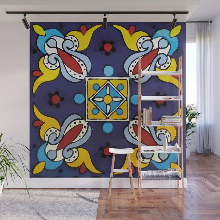 Abstract blue cruz mexican modern talavera tile wall Wall Mural Gallery Image 1